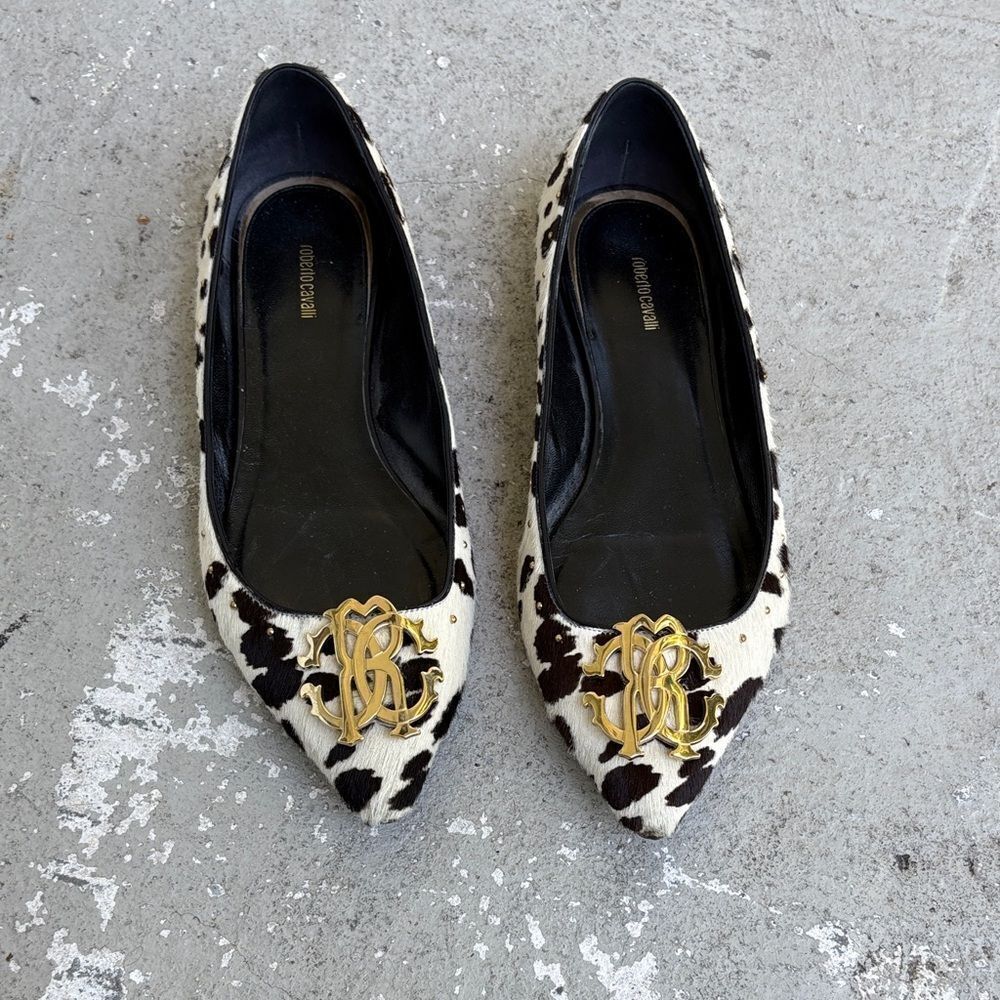 Roberto Cavalli pony hair, cowhide print flats